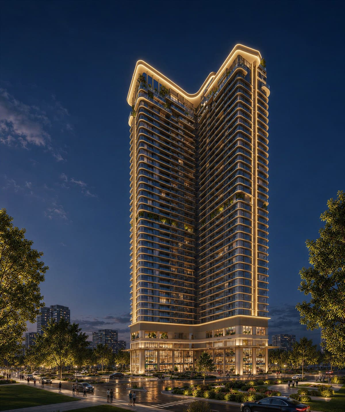 Peninsula Private về đêm — kiến trúc tháp ven biển